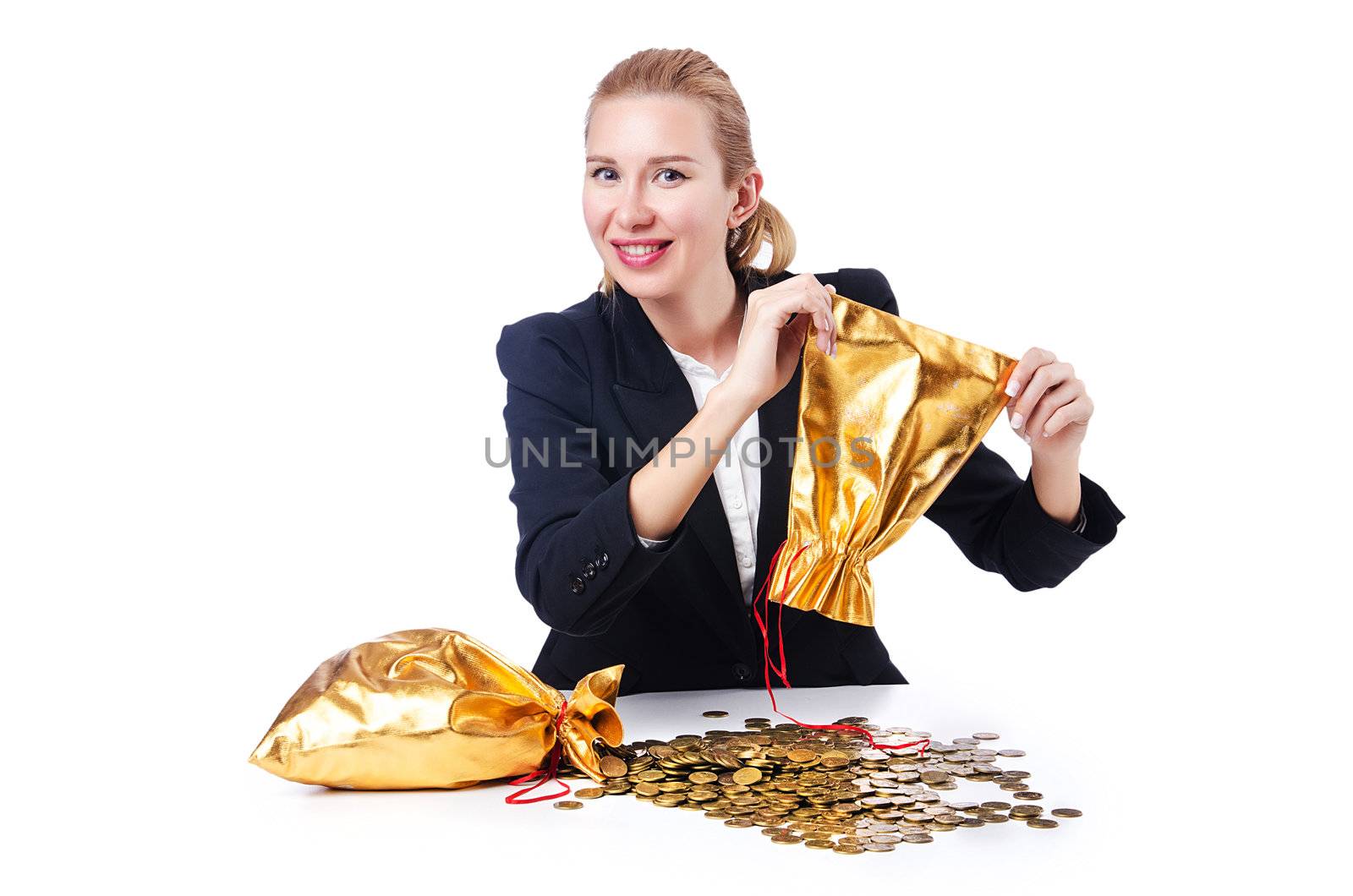 Woman with coins and golden sacks