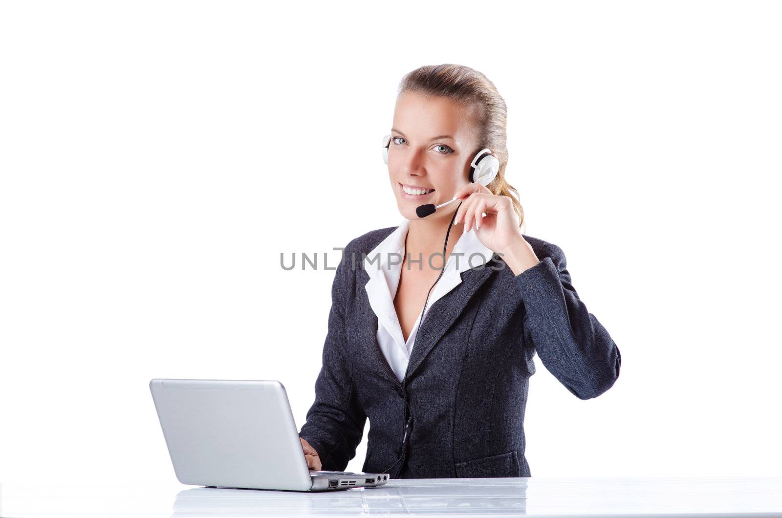 Female helpdesk operator on white