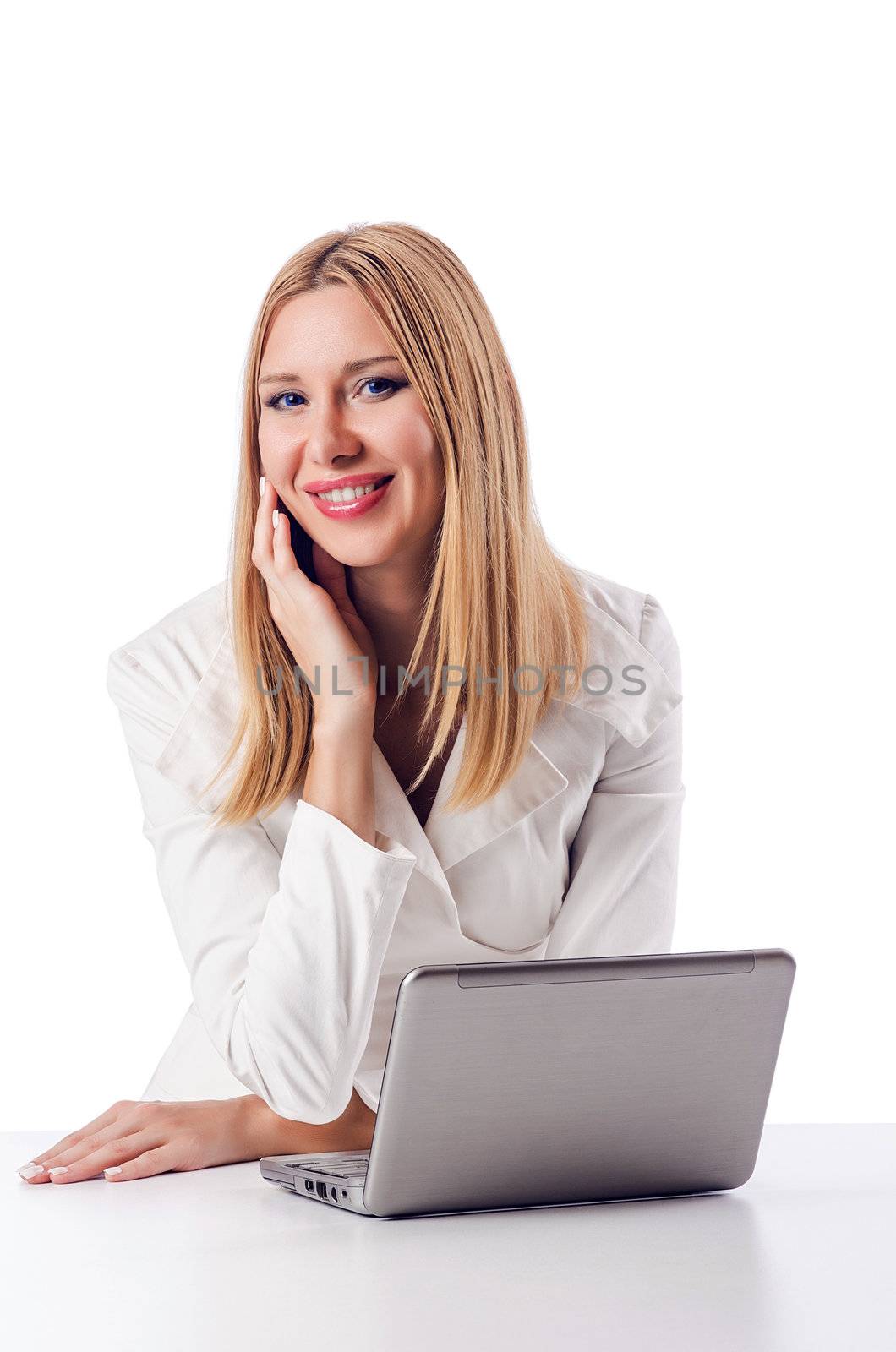 Woman with laptop on white