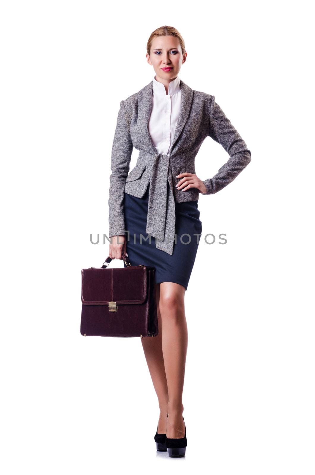 Businesswoman with briefcase on white