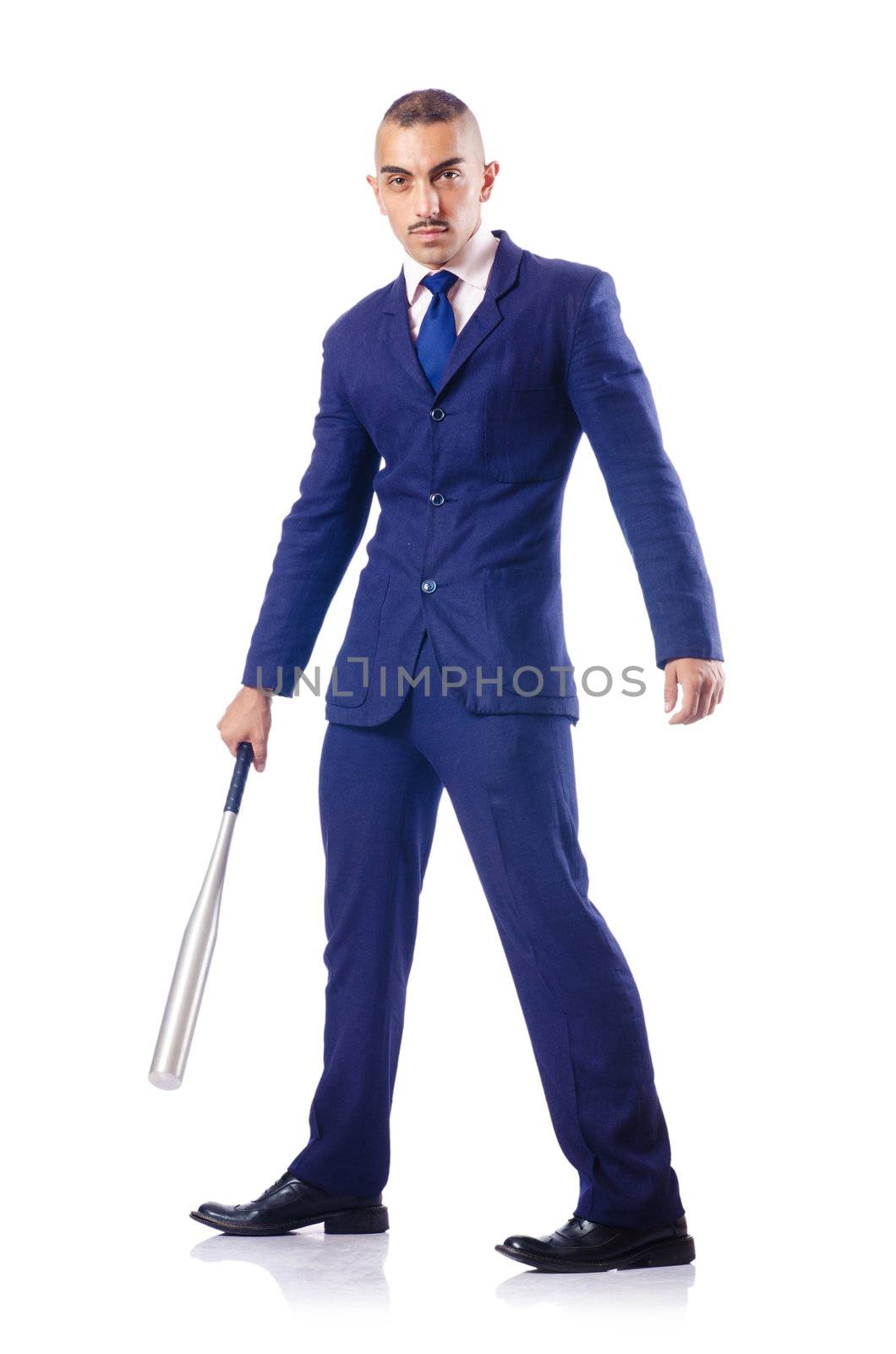 Handsome businessman with bat on white