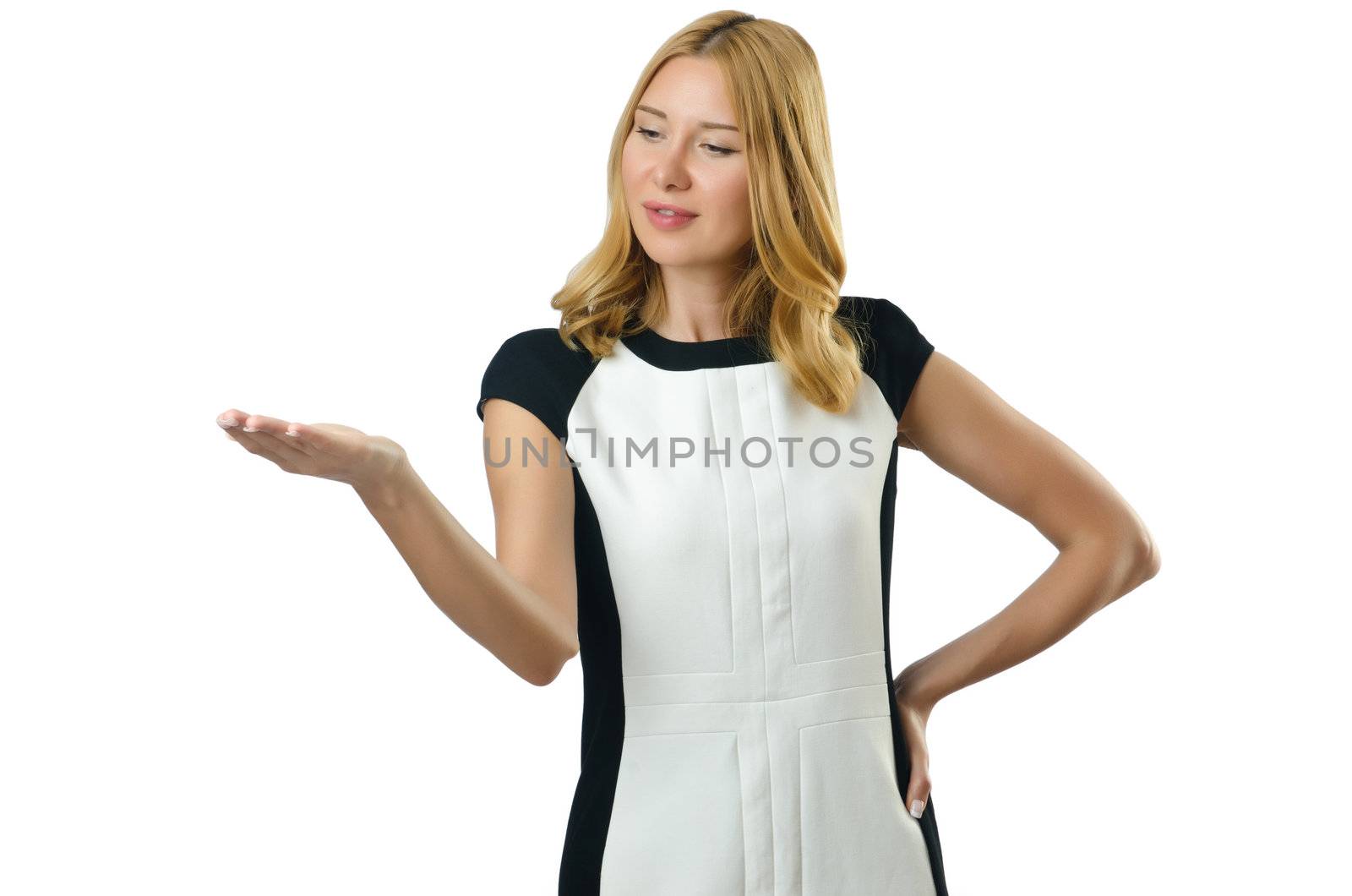 Woman holding hand isolated on white