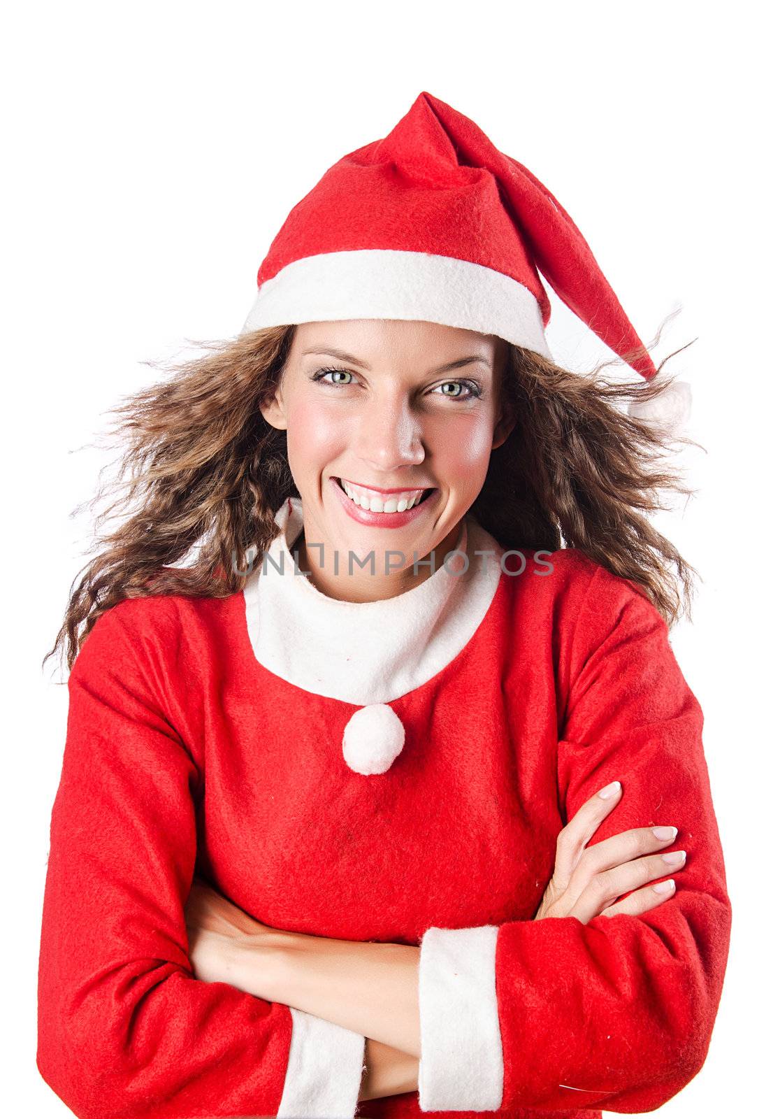 Woman santa claus on white