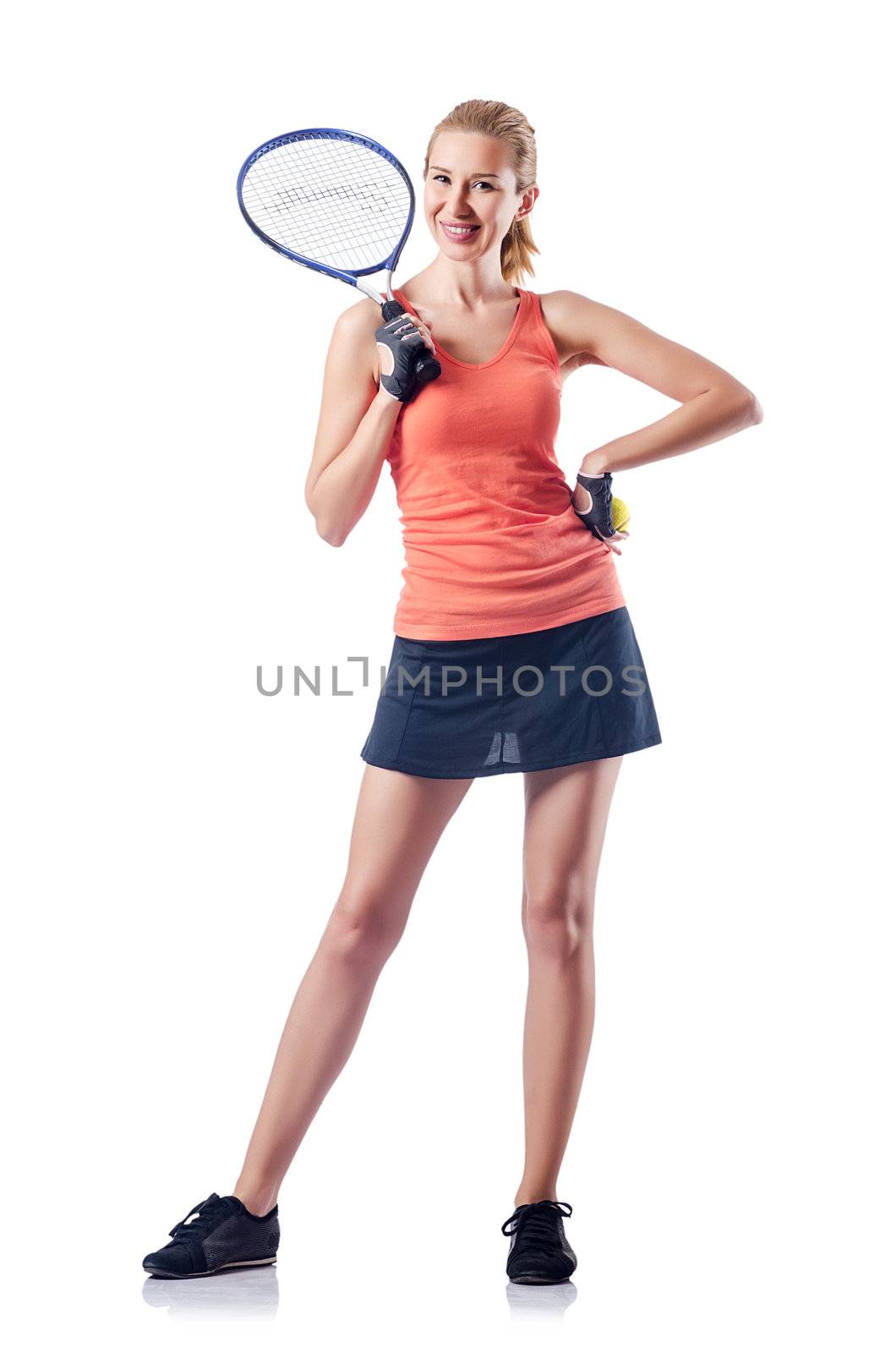 Woman playing tennis on white