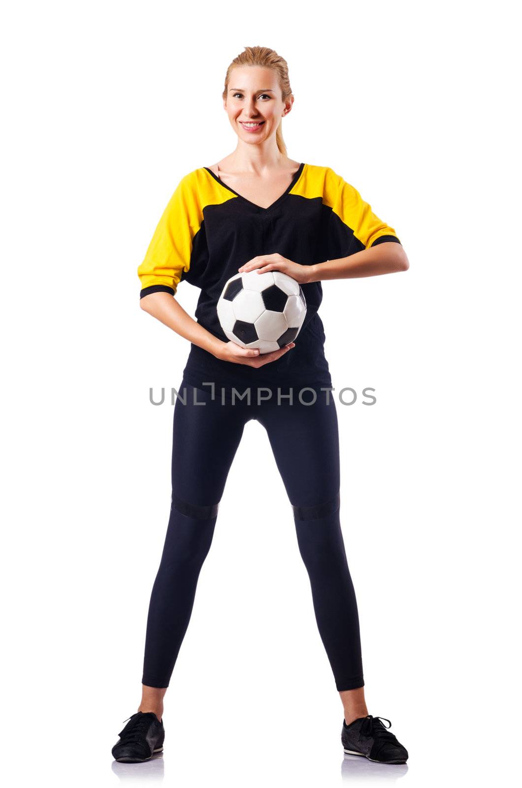 Woman football player on white