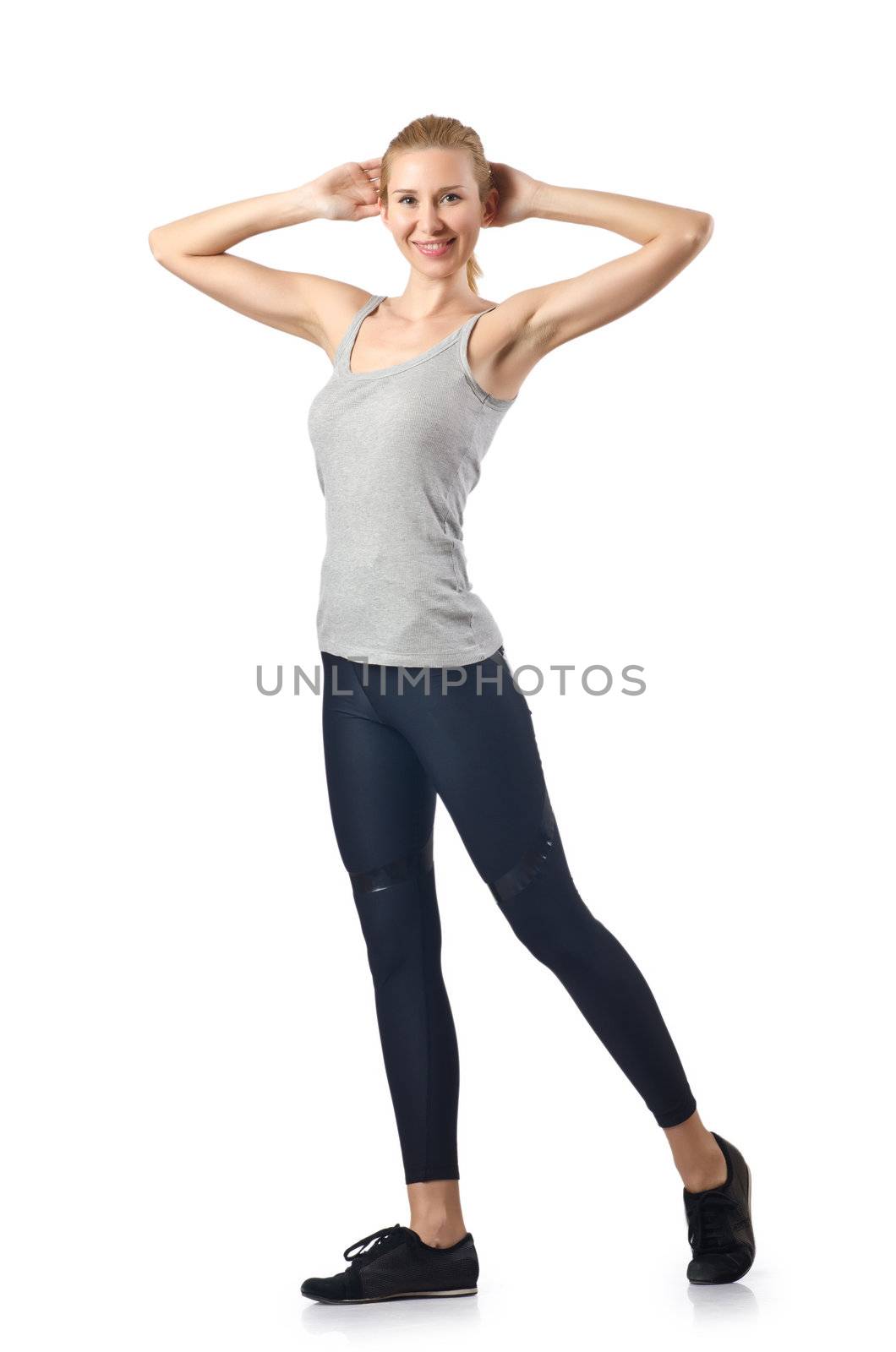 Woman doing exercises on white by Elnur