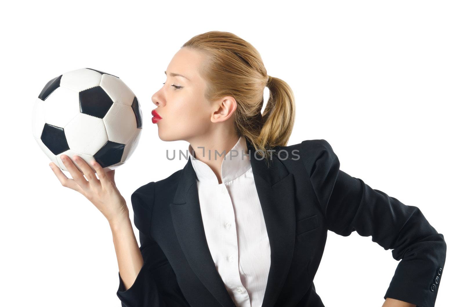 Businesswoman with football on white by Elnur