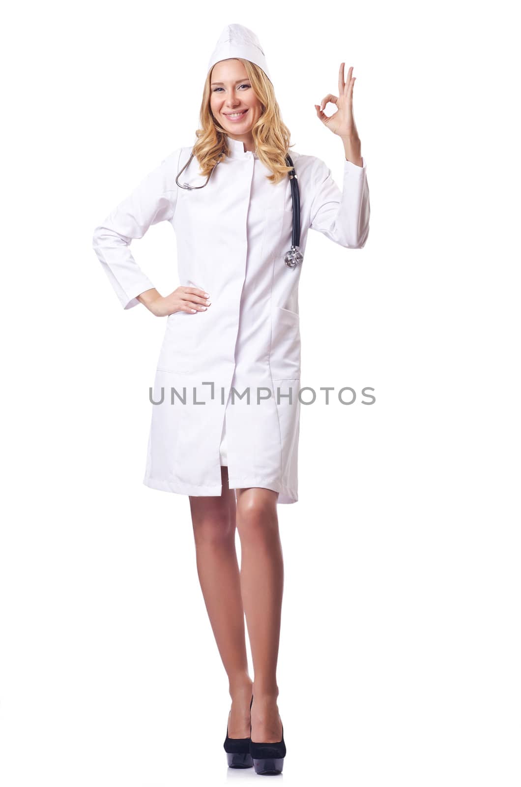 Attrative woman doctor isolated on white