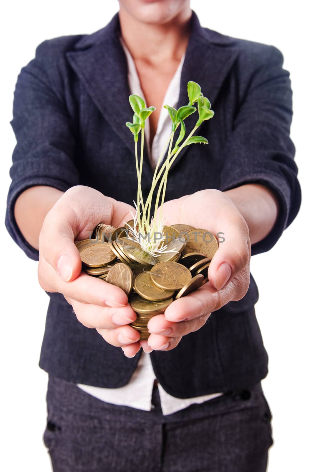 Businesswoman with seedling on white by Elnur