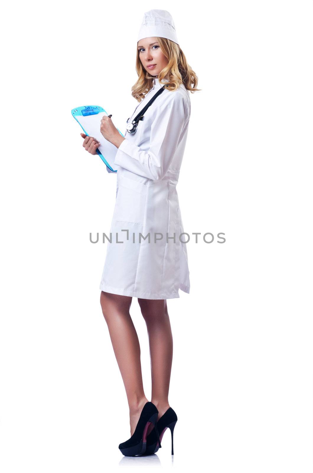 Young woman doctor on white by Elnur