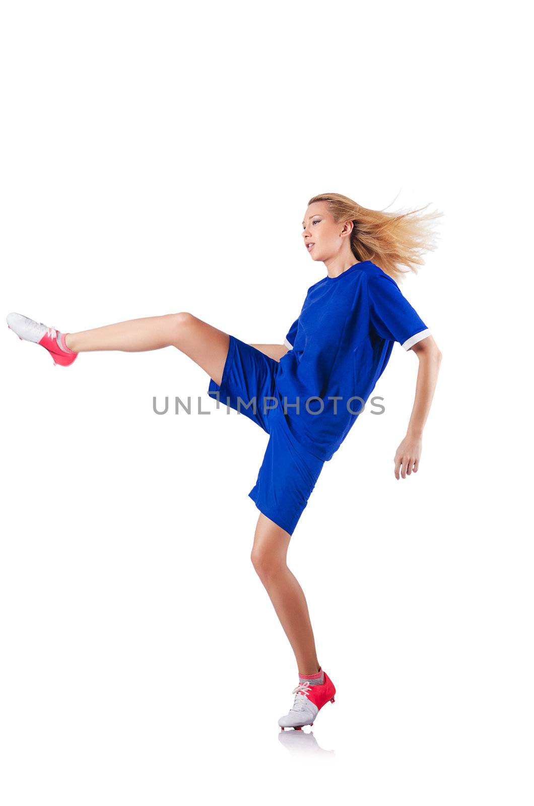 Woman playing football on white