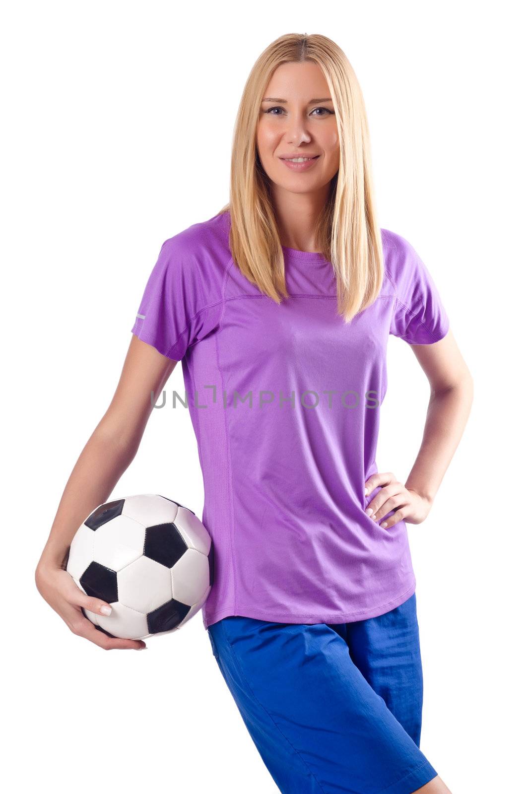 Woman playing football on white