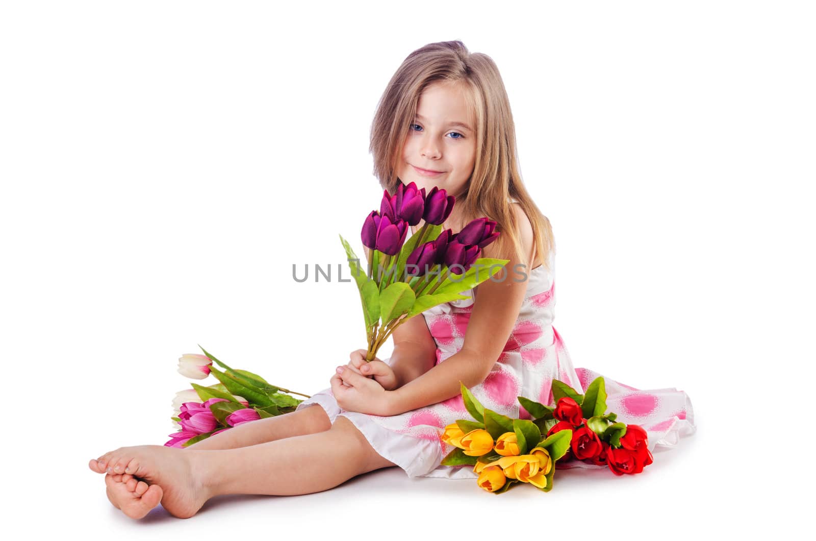Cute little girl with flowers on white by Elnur