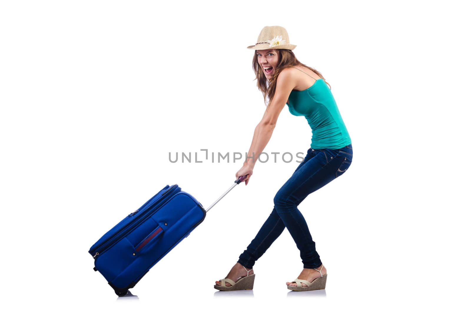 young girl with suitcase on white