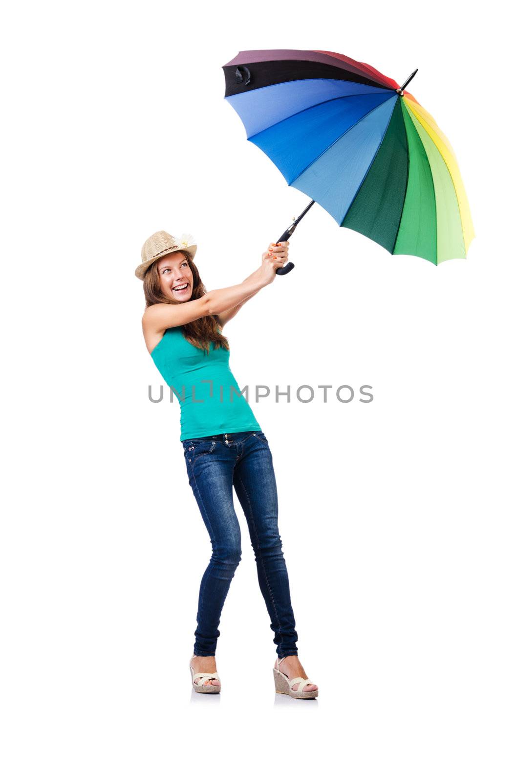 Young woman with colourful umbrella