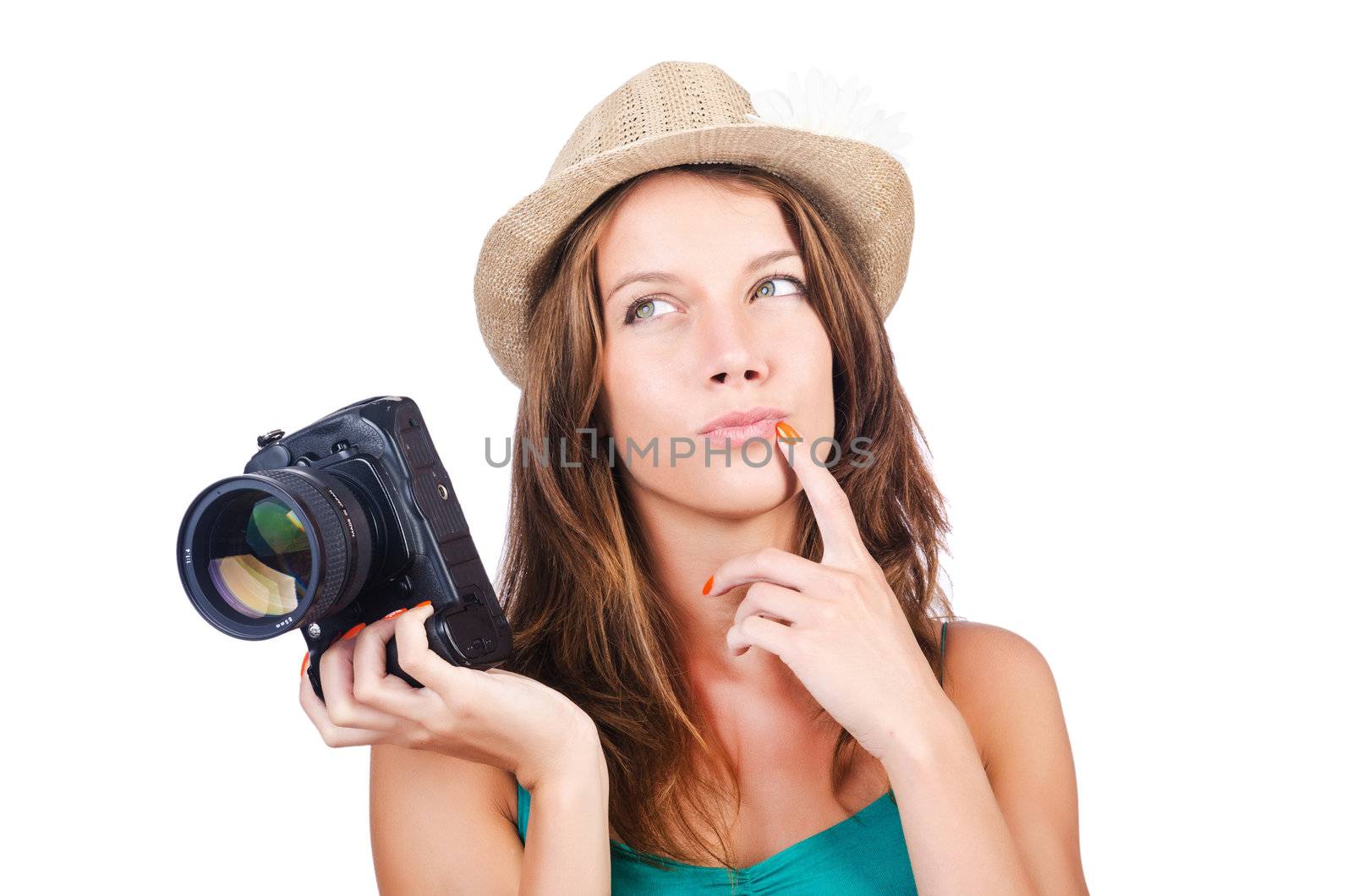 Attractive female photographer on white