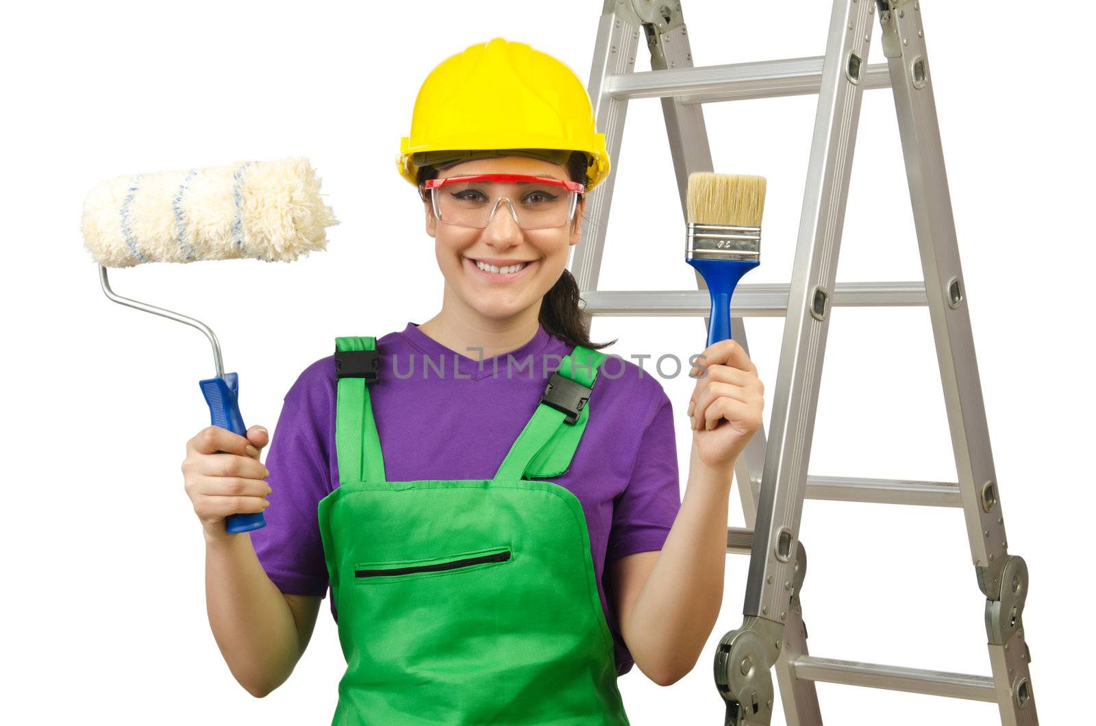 Woman worker with ladder on white by Elnur