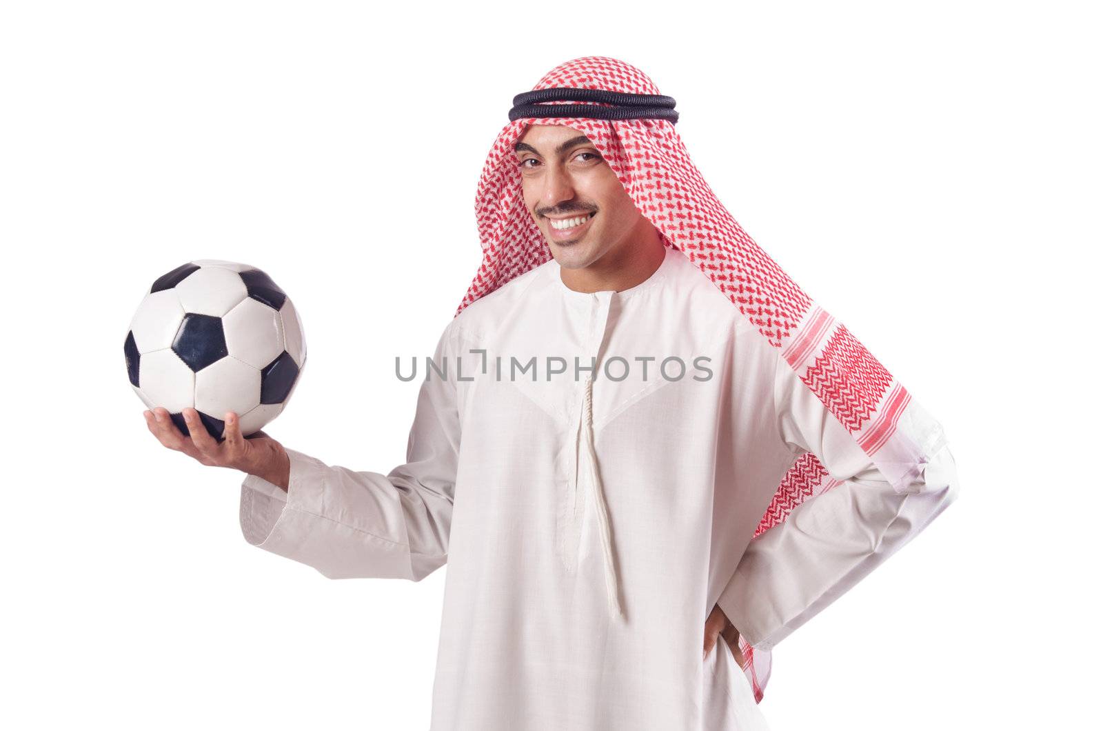 Arab man with football on white