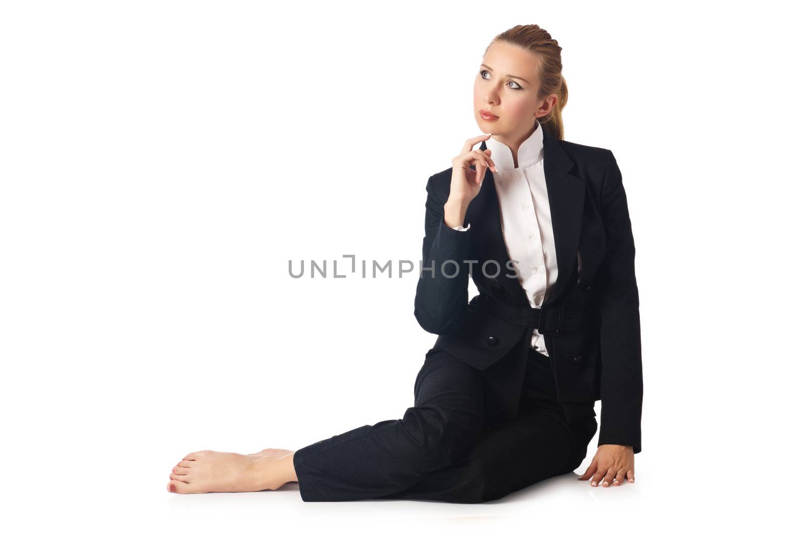 Tired businesswoman isolated on white