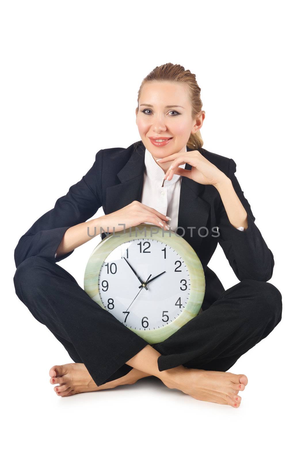 Woman with clock on white