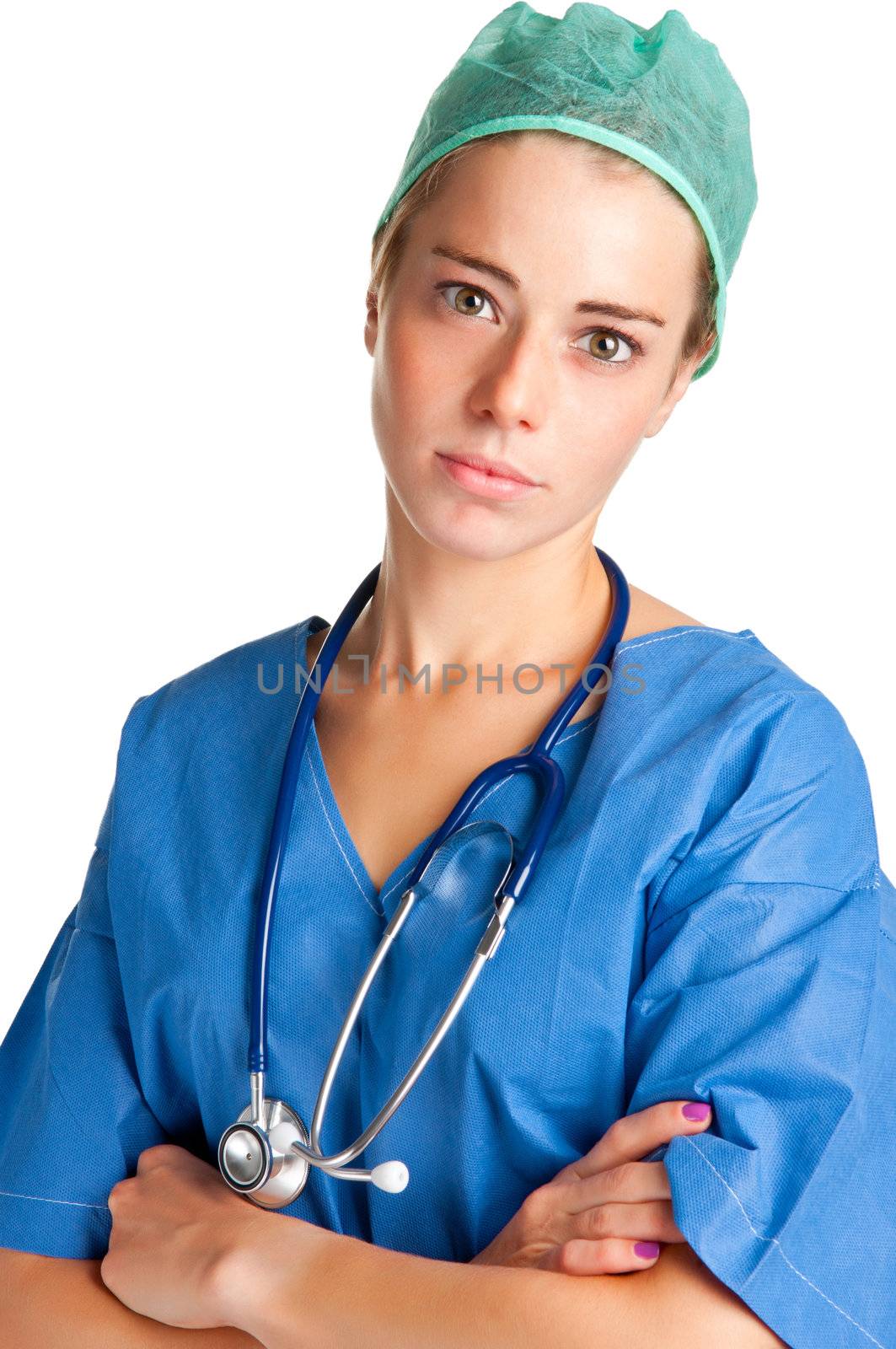 Young female surgeon with scrubs and a stethoscope