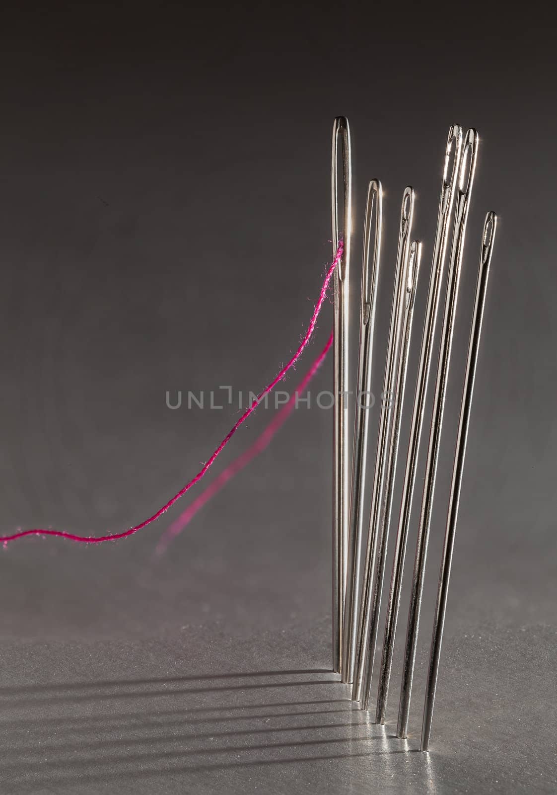 Row of sewing embroidery needles with red thread and shadows cast on background