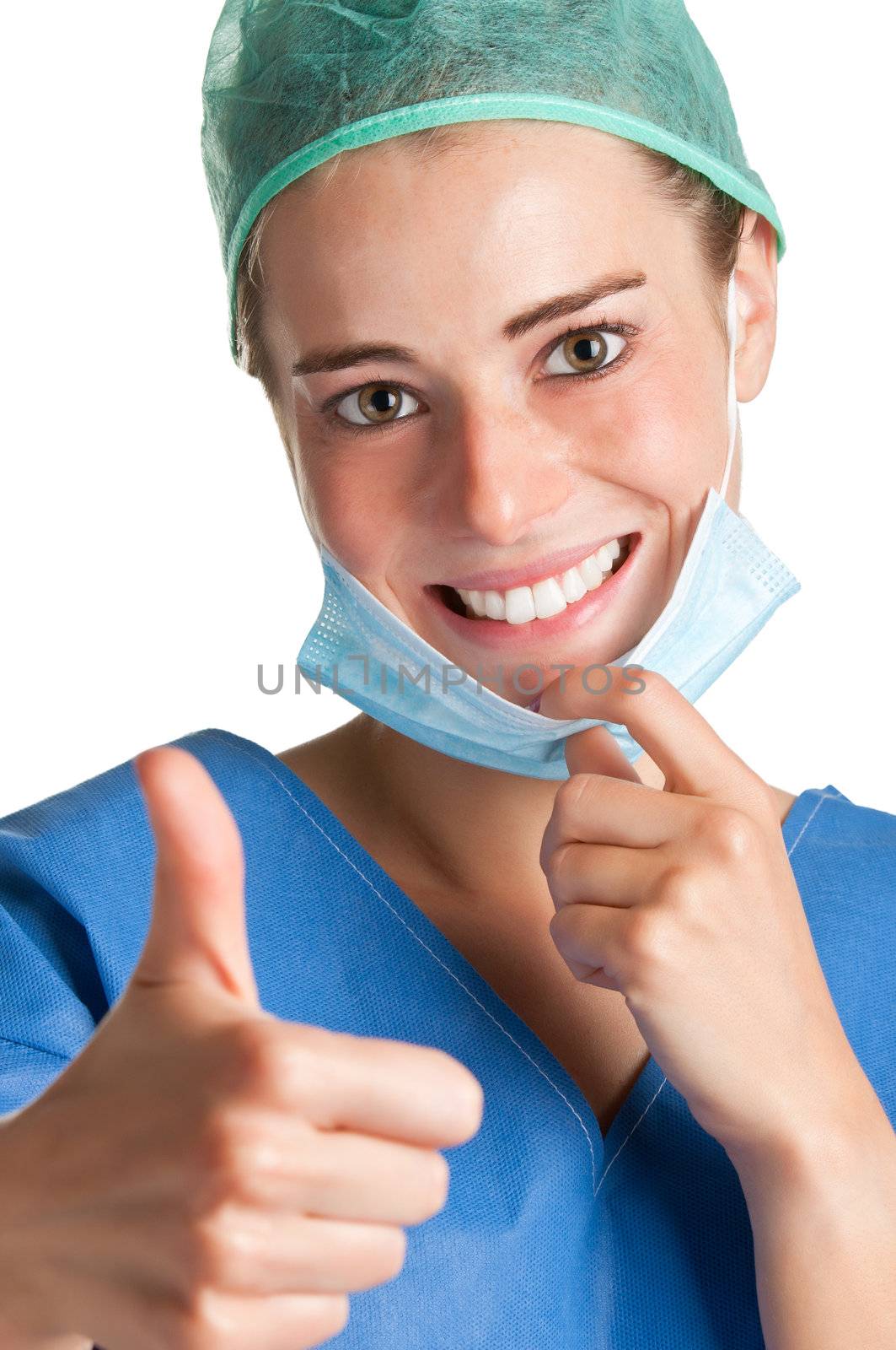 Female Surgeon smiling and giving a thumbs up