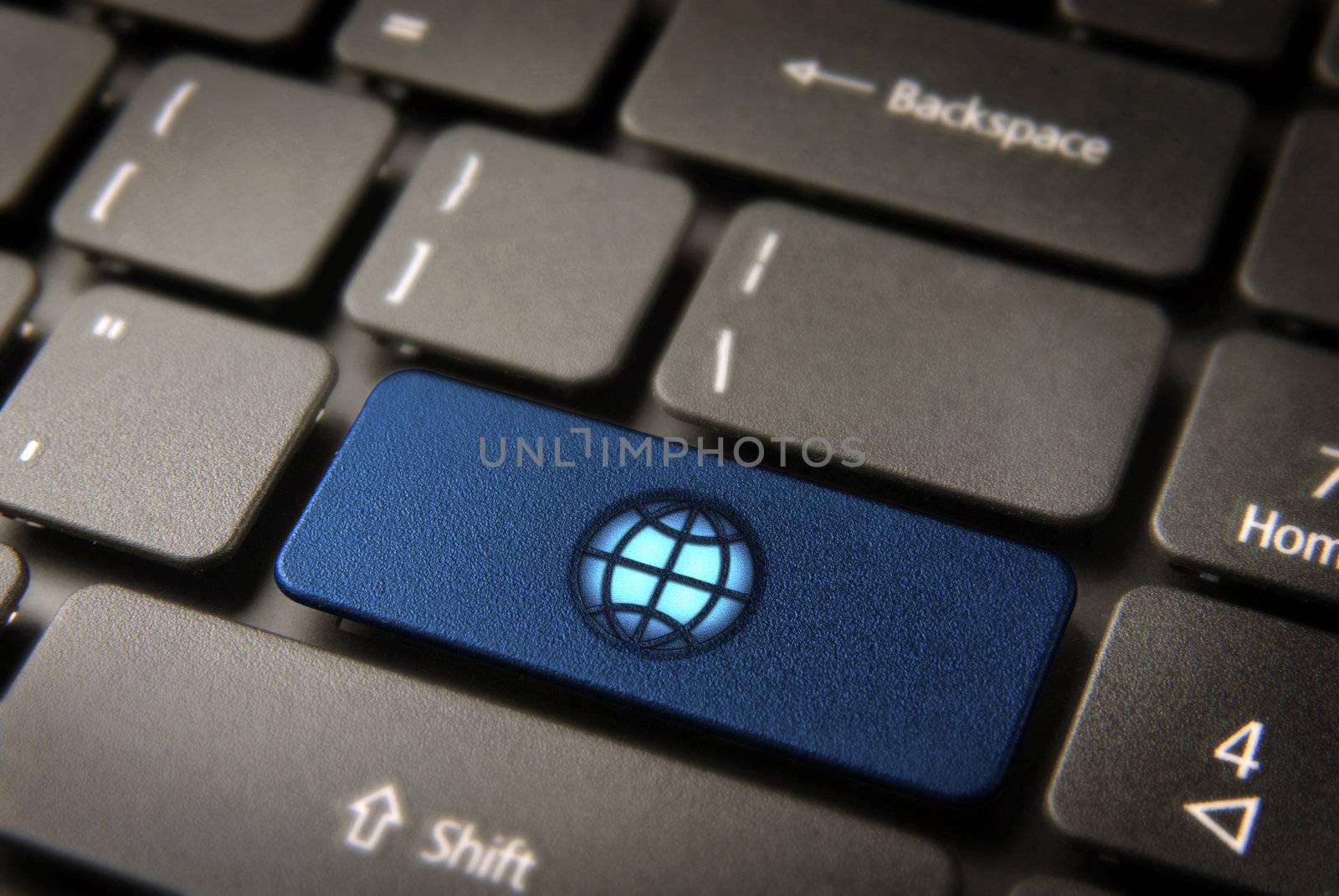 Blue internet keyboard key with world icon, global business back by cienpies