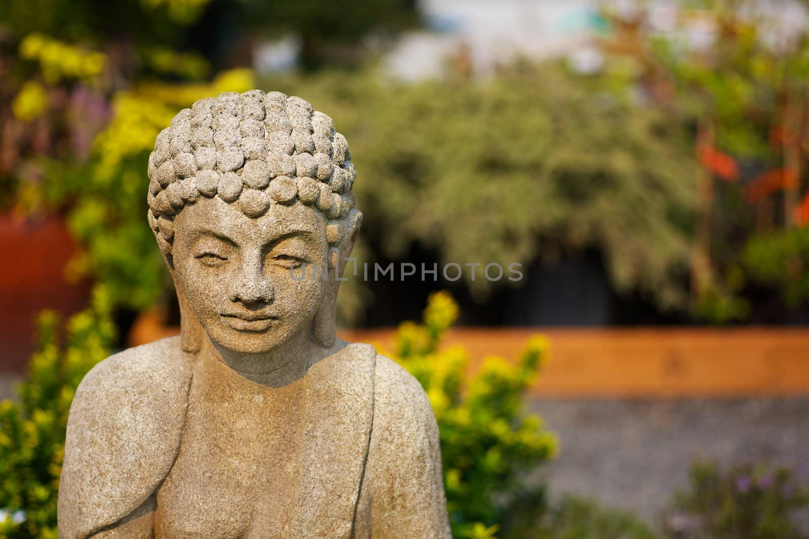 Shallow focus image of concrete Buddha  in an asian garden
