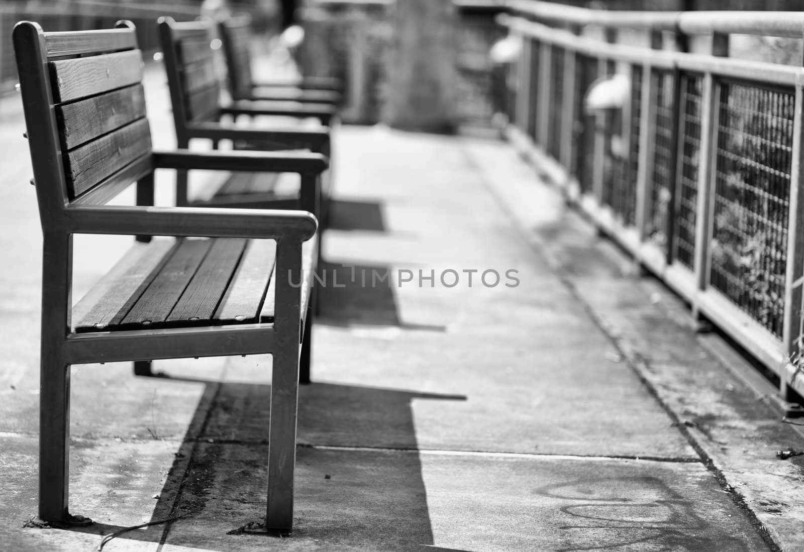 Green wood and metal Benches with closest in shallow focus trailing to softer background