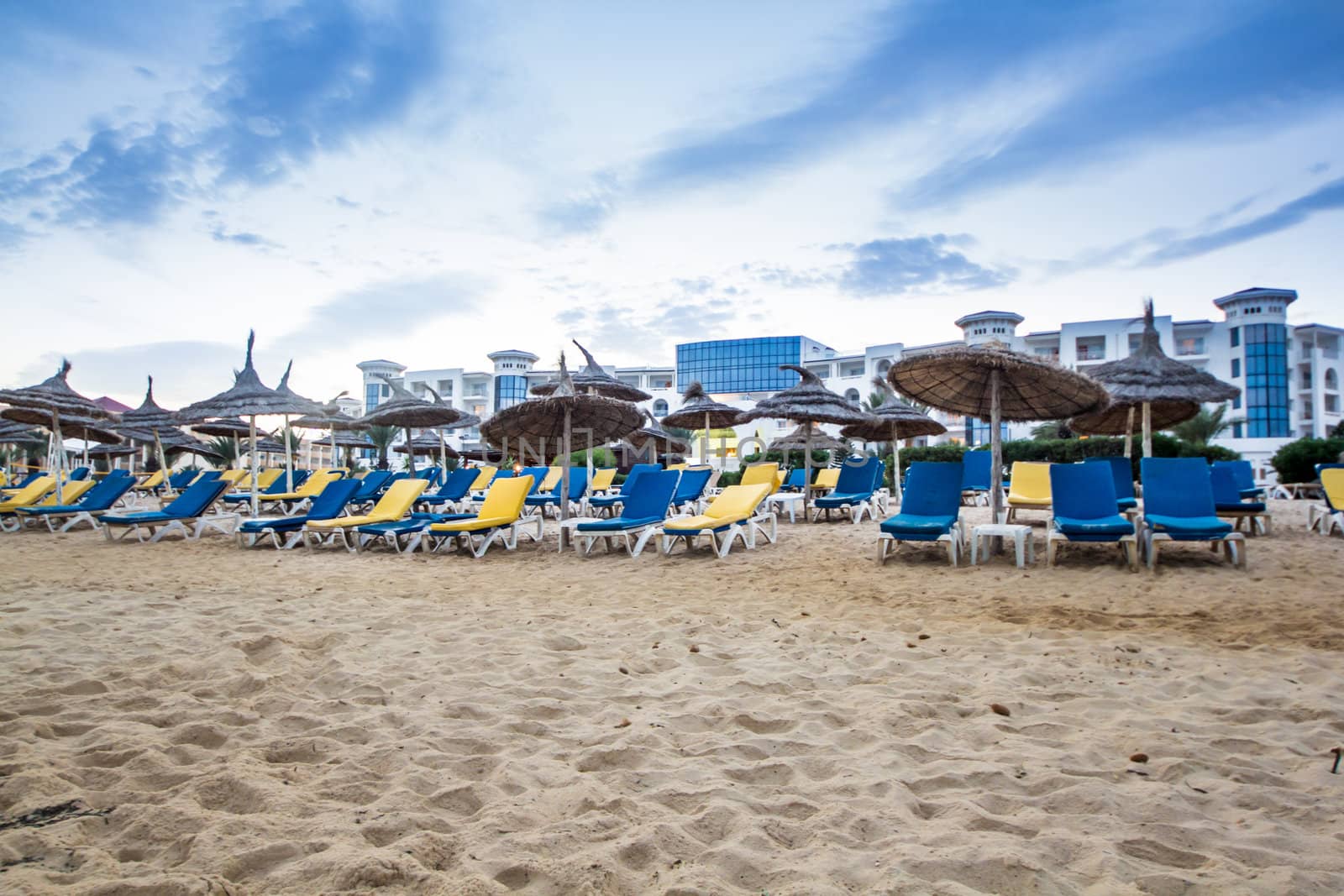 Beautiful beach by the shores of the Mediterranean sea in Hammamet, Tunisia