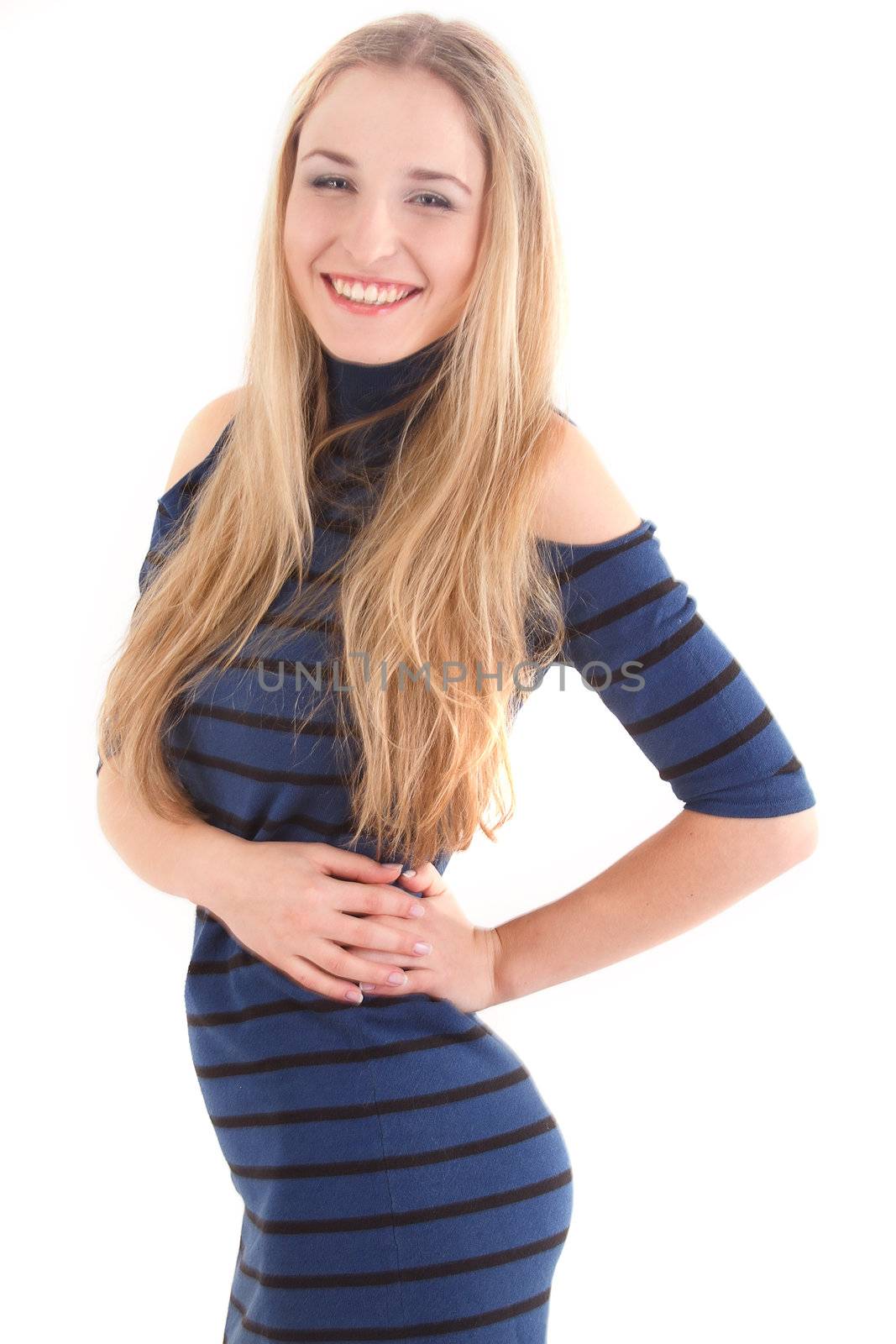 Young slim woman in blue dress. Isolated on white.