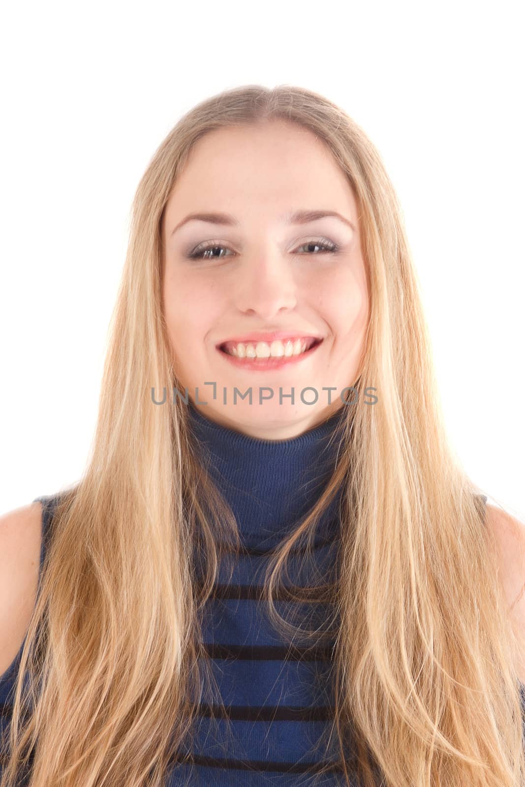 Portrait of blond long hair girl in blue  dress