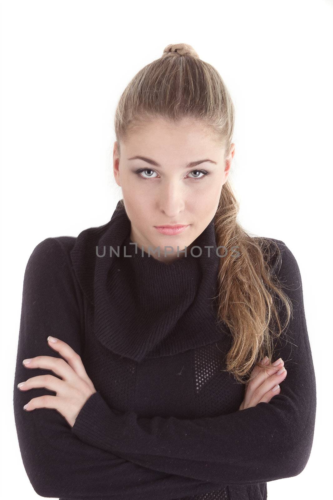 Blonde girl in a black knit sweater