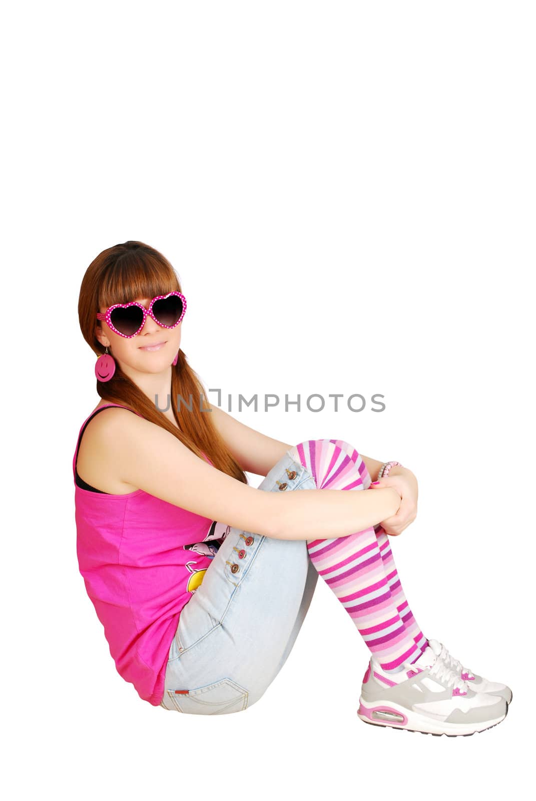 teenage girl with sunglasses sitting