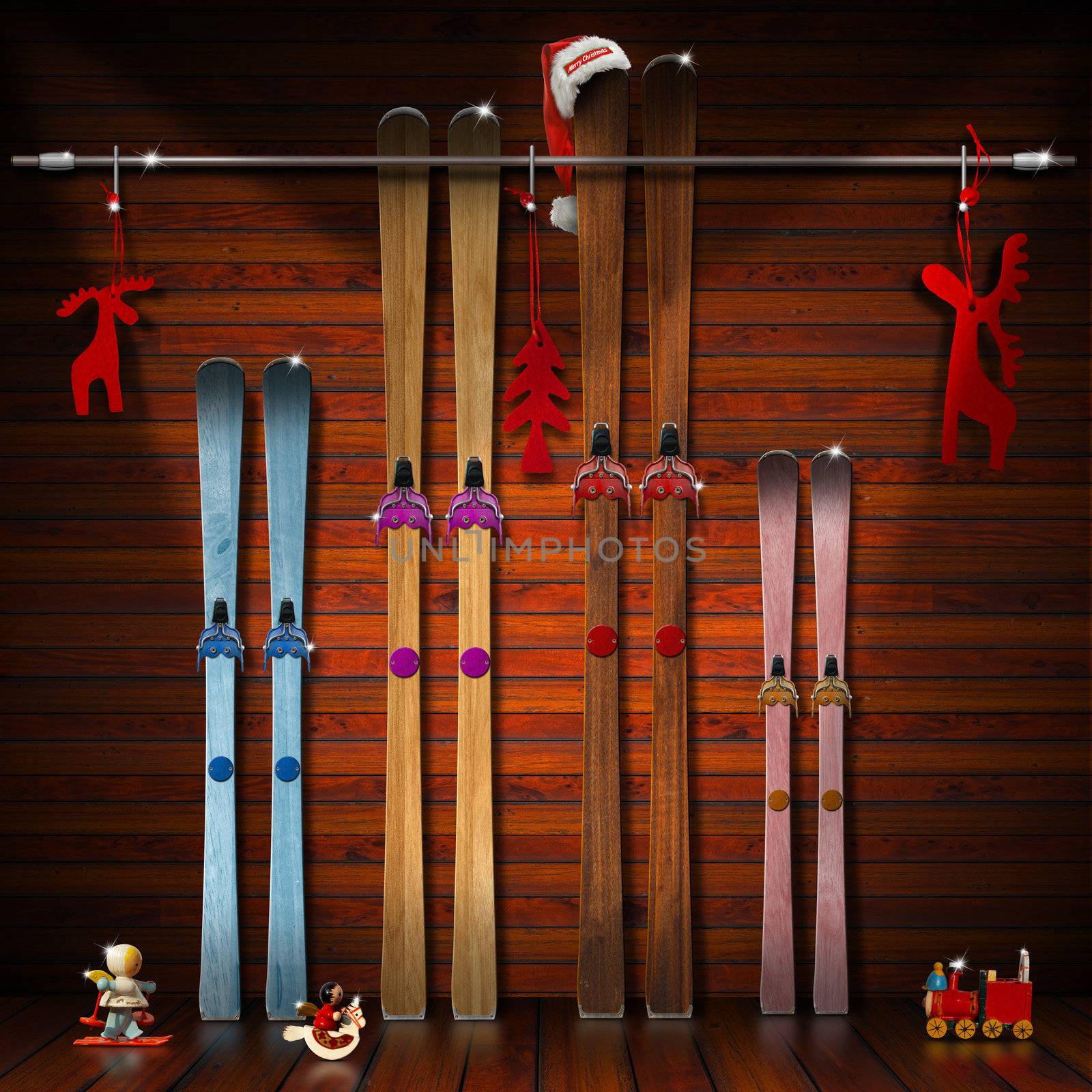 A pair of skis for each family member - winter holidays concept