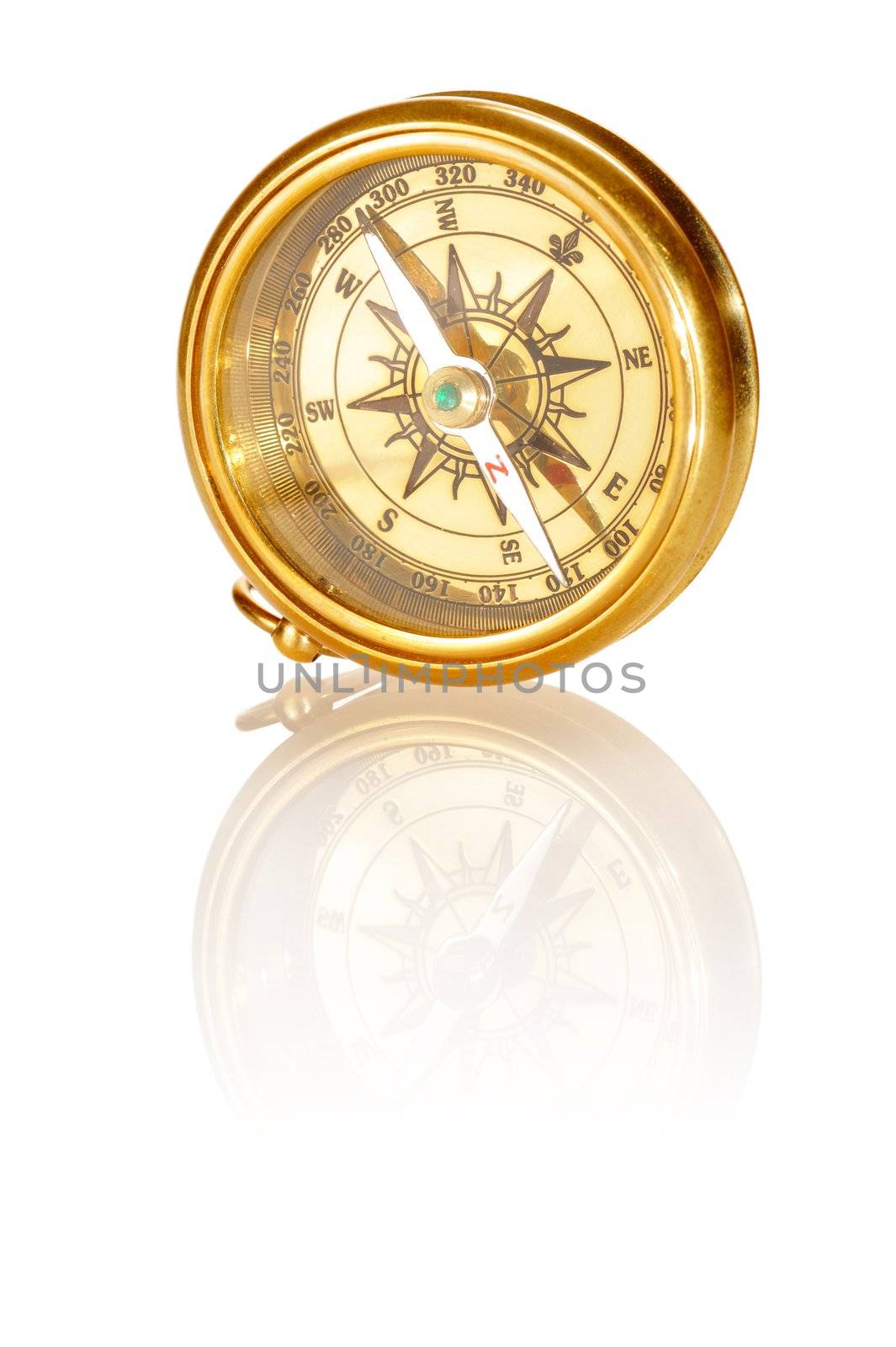 Old compass isolated on white background with soft reflection