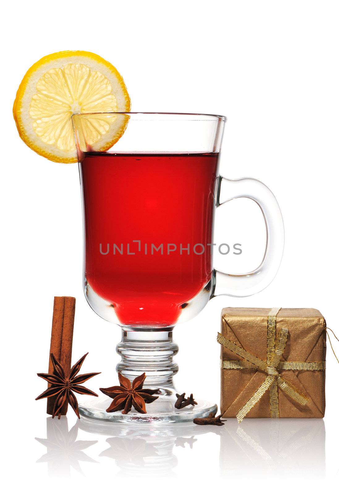 Mulled wine christmas still life isolated on white with soft reflection