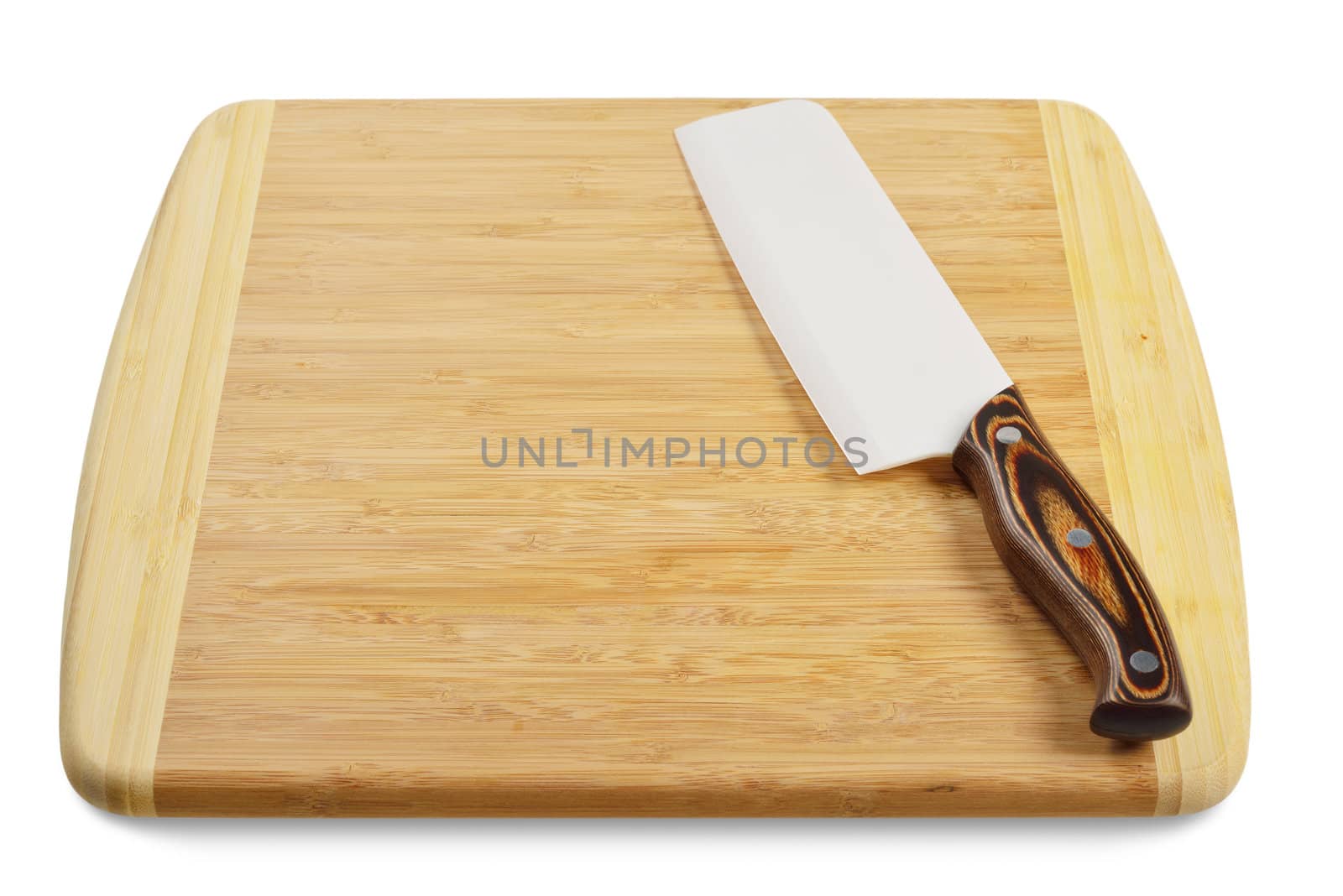 Wooden cutting board with a kitchen knife. Isolated on white.