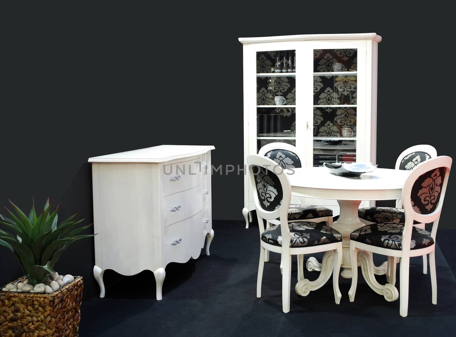 black room with white furniture