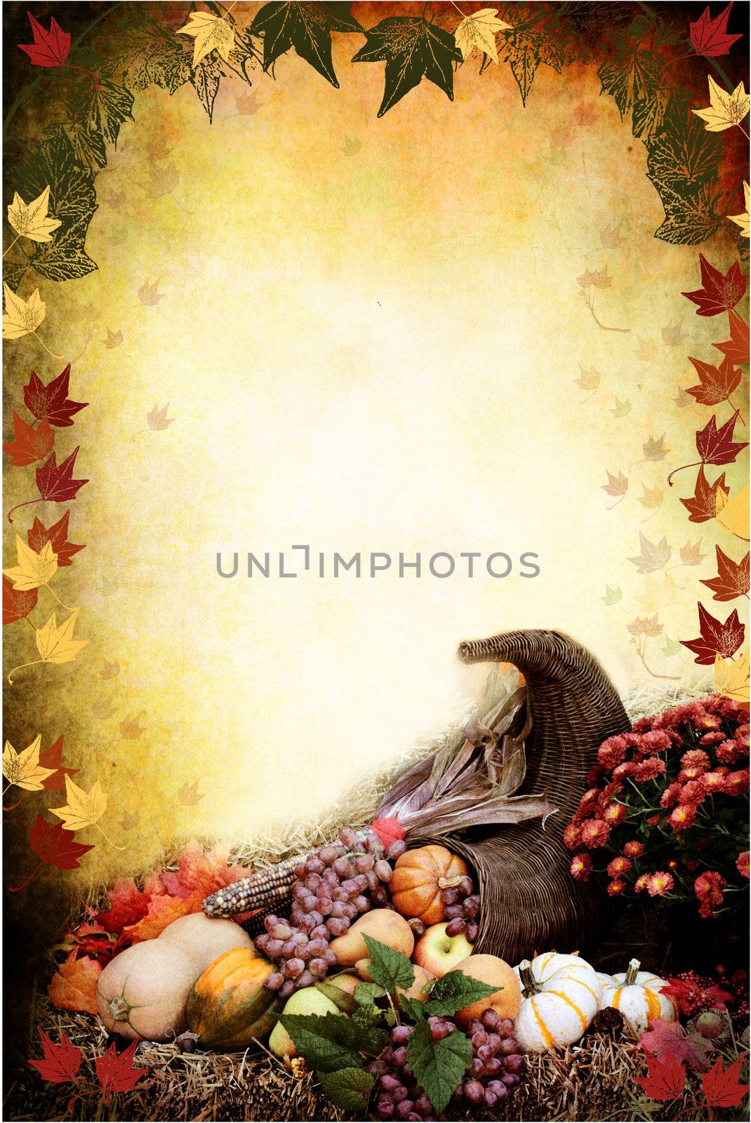 Photo based illustration of an autumn background with a Cornucopia or Horn of Plenty on bales of straw with fresh vegetables and fruit spilling out. Empty copy space for text.