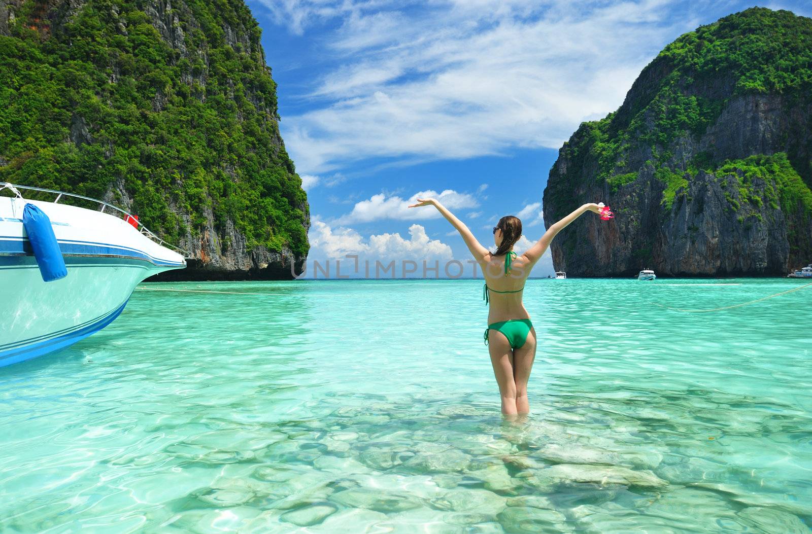 Woman in beautiful lagoon at  Phi Phi Ley island, the exact place where "The Beach" movie was filmed