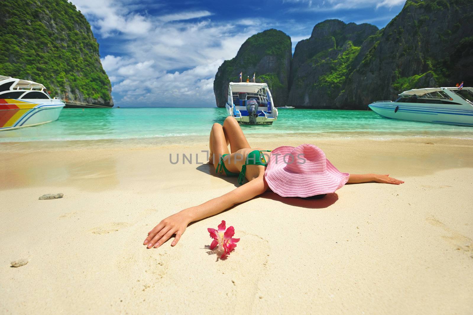 Woman in beautiful lagoon at  Phi Phi Ley island, the exact place where "The Beach" movie was filmed