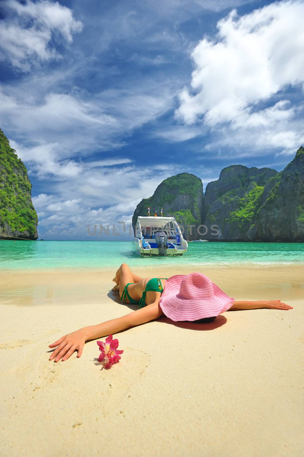 Woman in beautiful lagoon at  Phi Phi Ley island, the exact place where "The Beach" movie was filmed