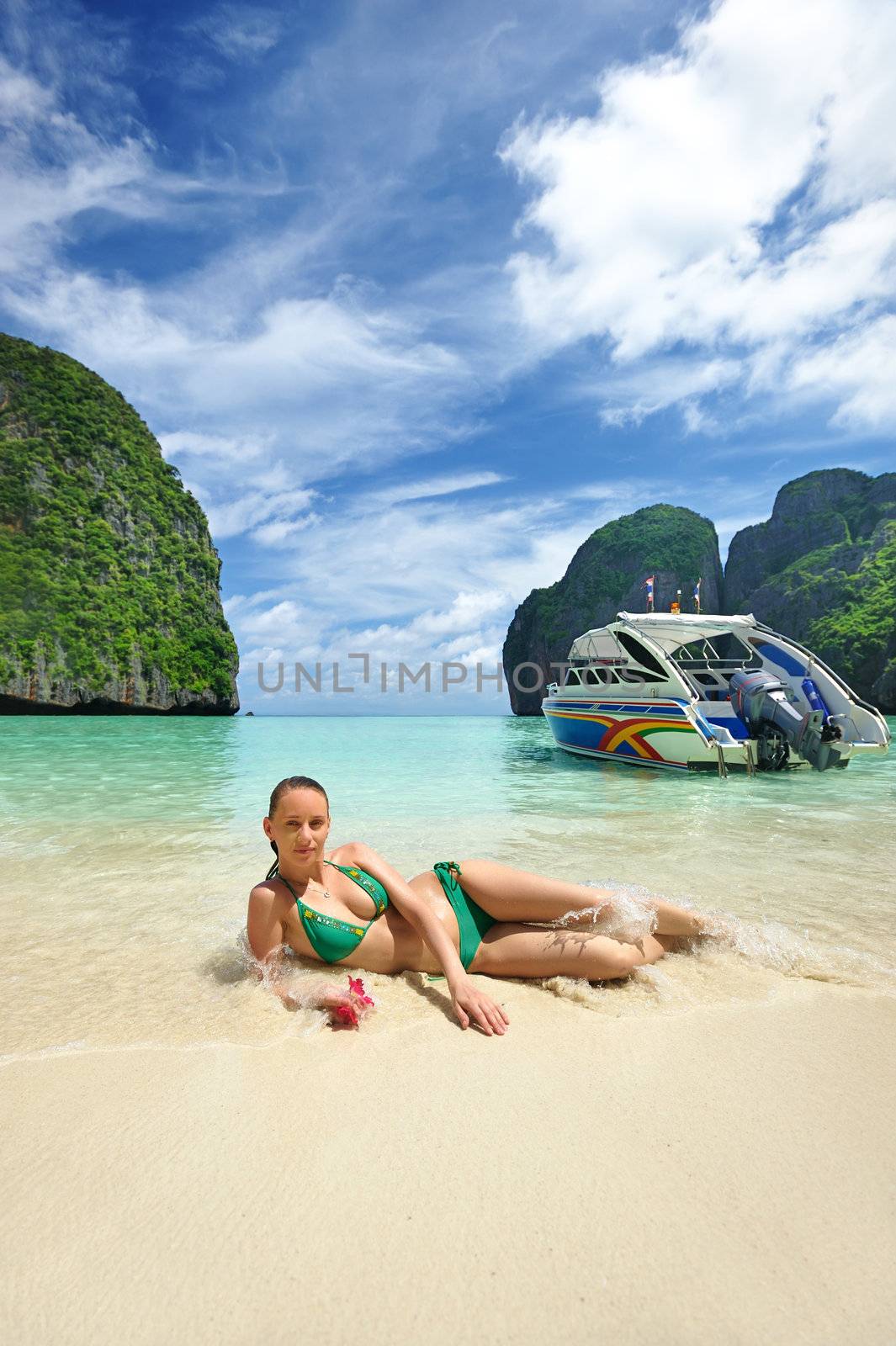 Woman in beautiful lagoon at  Phi Phi Ley island, the exact place where "The Beach" movie was filmed