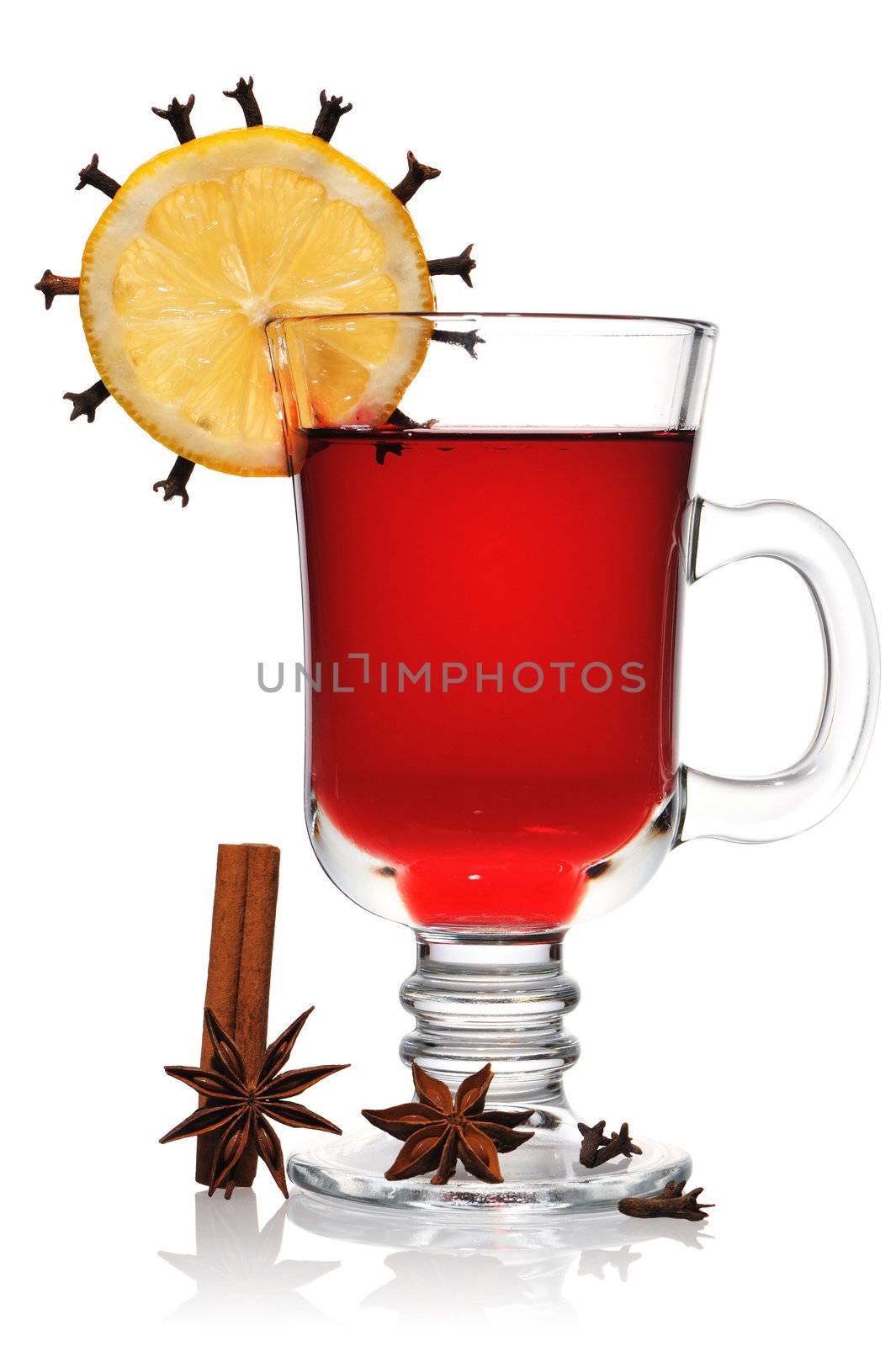 Mulled wine isolated on white with soft reflection