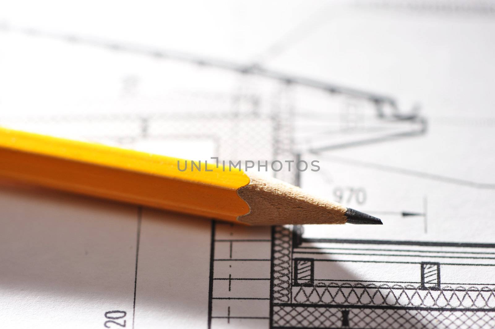 Pencil over house plan blueprints