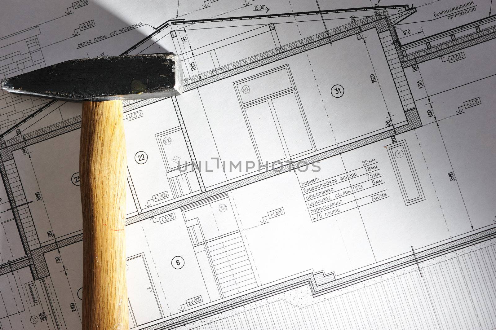 Hammer tool over house plan blue prints