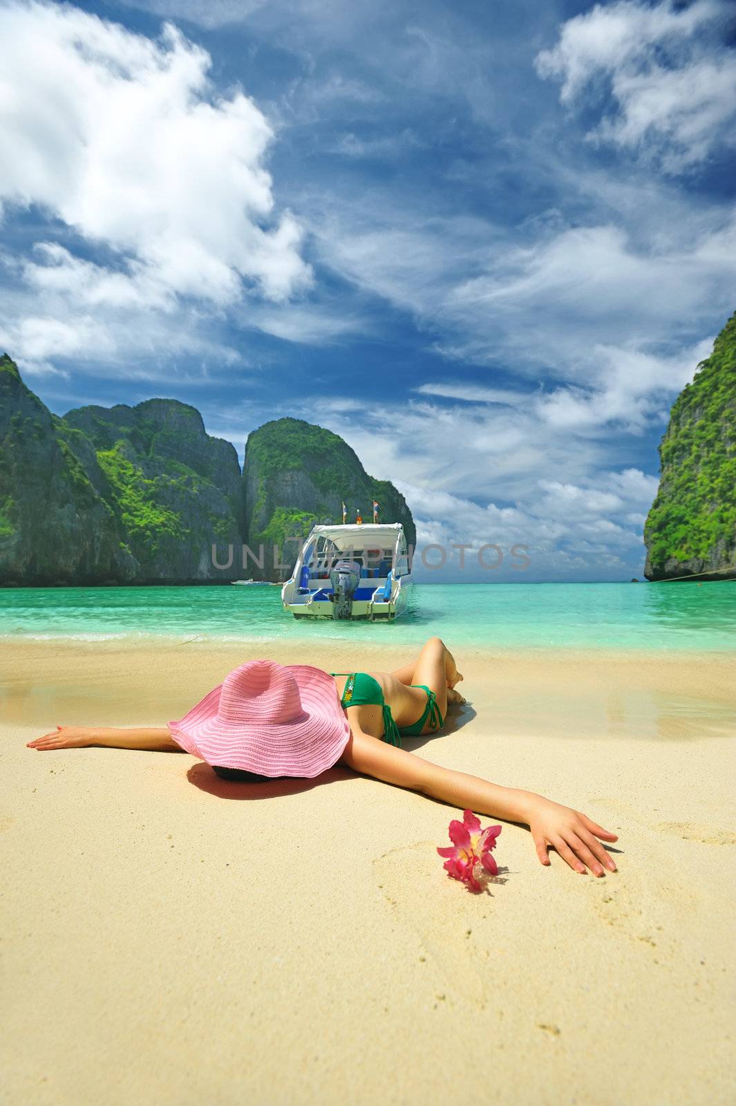 Woman in beautiful lagoon at  Phi Phi Ley island, the exact place where "The Beach" movie was filmed