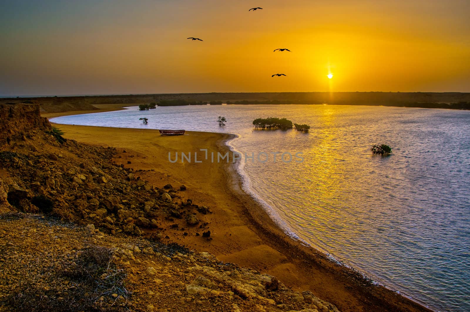 The sun rising over the bay of Punta Gallinas in La Guajira, Colombia.